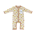 A baby long-sleeve footless one-piece sleeper with a cream background and an all-over ice cream cone pattern in yellow, pink, and brown. It features brown trim along the zipper, cuffs, and leg openings, and a white hangtag is attached near the collar.