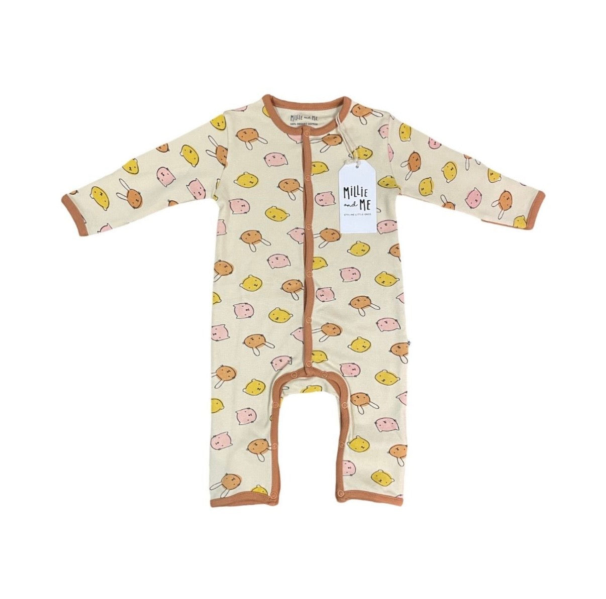 A baby long-sleeve footless one-piece sleeper with a cream background and an all-over ice cream cone pattern in yellow, pink, and brown. It features brown trim along the zipper, cuffs, and leg openings, and a white hangtag is attached near the collar.