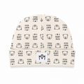 An off-white knit beanie hat featuring an all-over black print of teddy bear faces and the text 'I LOVE U BEARY MUCH', with a small white patch on the folded cuff displaying the brand 'M'M'.