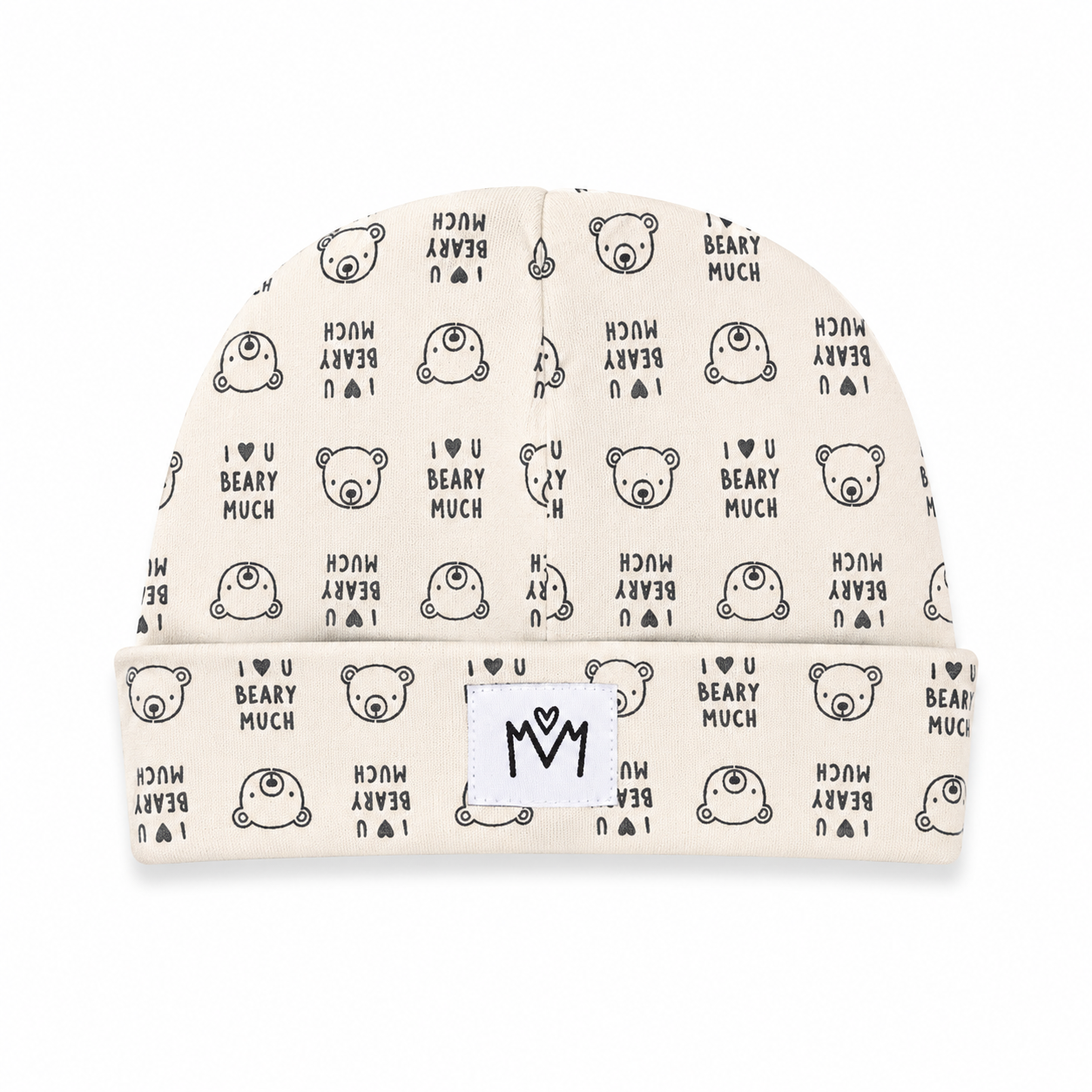 An off-white knit beanie hat featuring an all-over black print of teddy bear faces and the text 'I LOVE U BEARY MUCH', with a small white patch on the folded cuff displaying the brand 'M'M'.