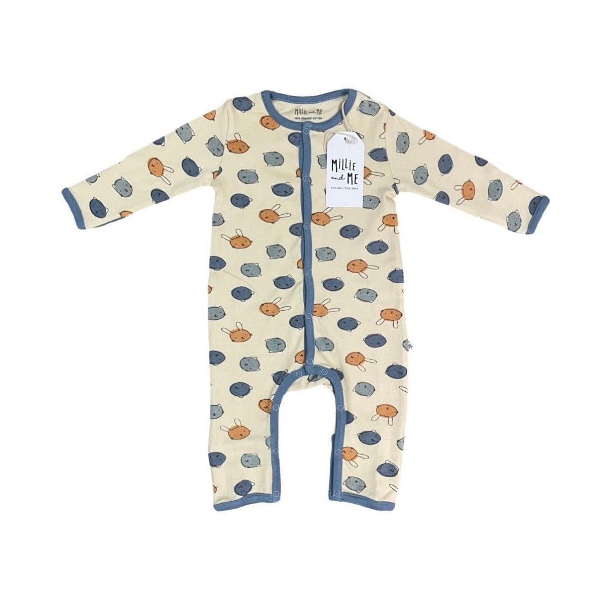 A baby long-sleeve footless one-piece sleeper with a cream background and an all-over ice cream cone pattern in blue, navy, and orange. It features blue trim along the zipper, cuffs, and leg openings, and a white hangtag is attached near the collar.