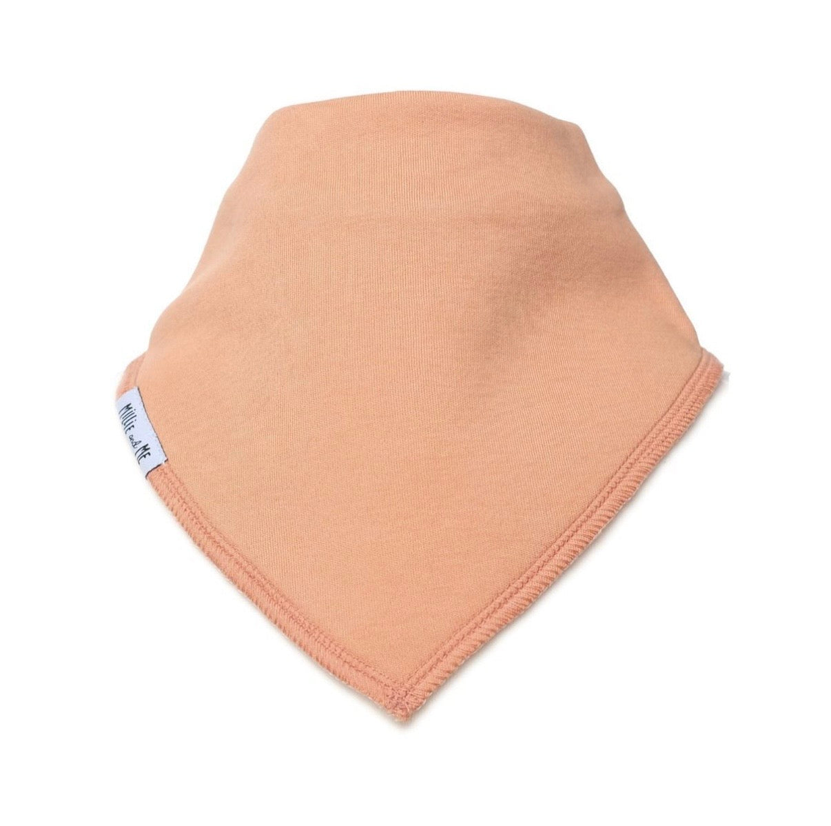 A peach-colored cotton bandana bib or neck gaiter with a small white brand tag on the edge, displayed on a clean white background.