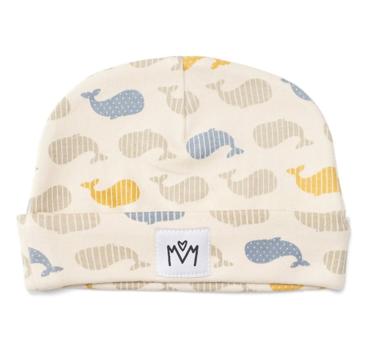 A beanie hat with a folded cuff, featuring a small white square patch on the front with a black embroidered logo.