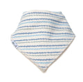 Bandana bib with colourful blue stripe design.