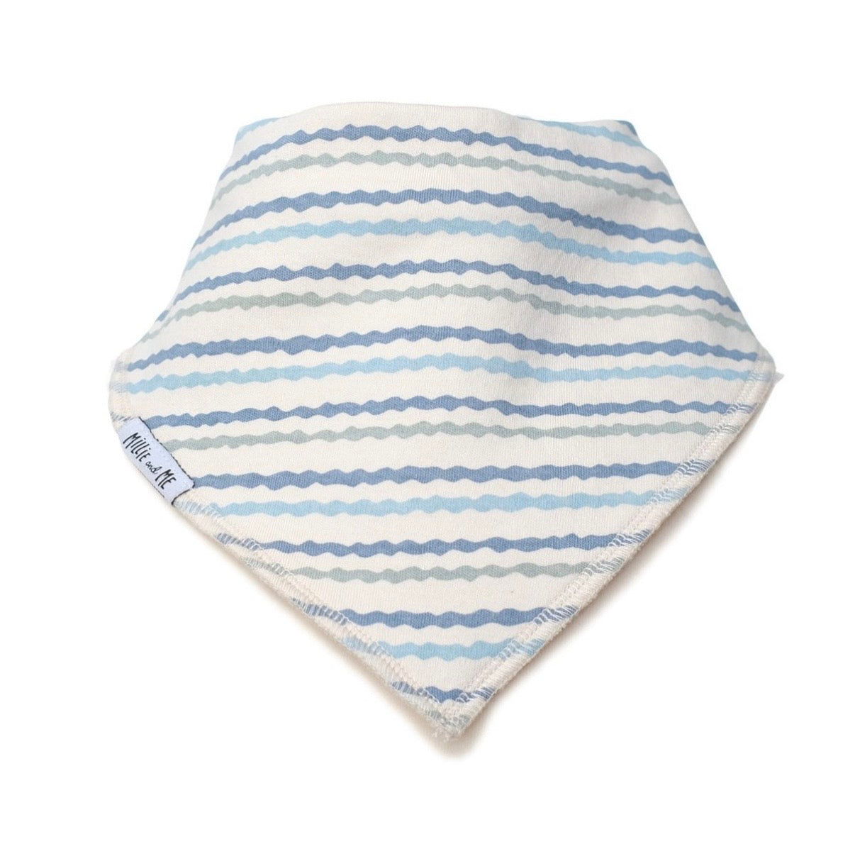 Bandana bib with colourful blue stripe design.