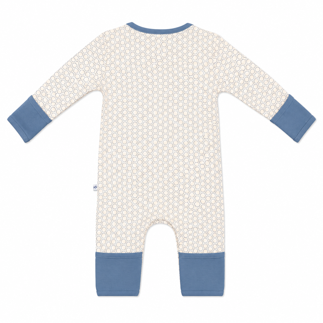 A baby long-sleeve footless romper with a cream and white geometric pattern, featuring solid blue cuffs and leg hems, shown flat on a white background.