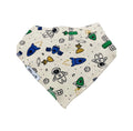 A triangular bandana bib with an off-white background printed with a colourful space-themed pattern of astronauts, rockets, satellites, and planets. The brand name 'Millie and Me' is visible on a small fabric tag on the left side.