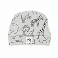 A light gray baby beanie hat featuring a black line art print of various animals, including a lion, giraffe, zebra, and spotted cat. A small white square label with the brand logo 'MY' is stitched onto the folded cuff.