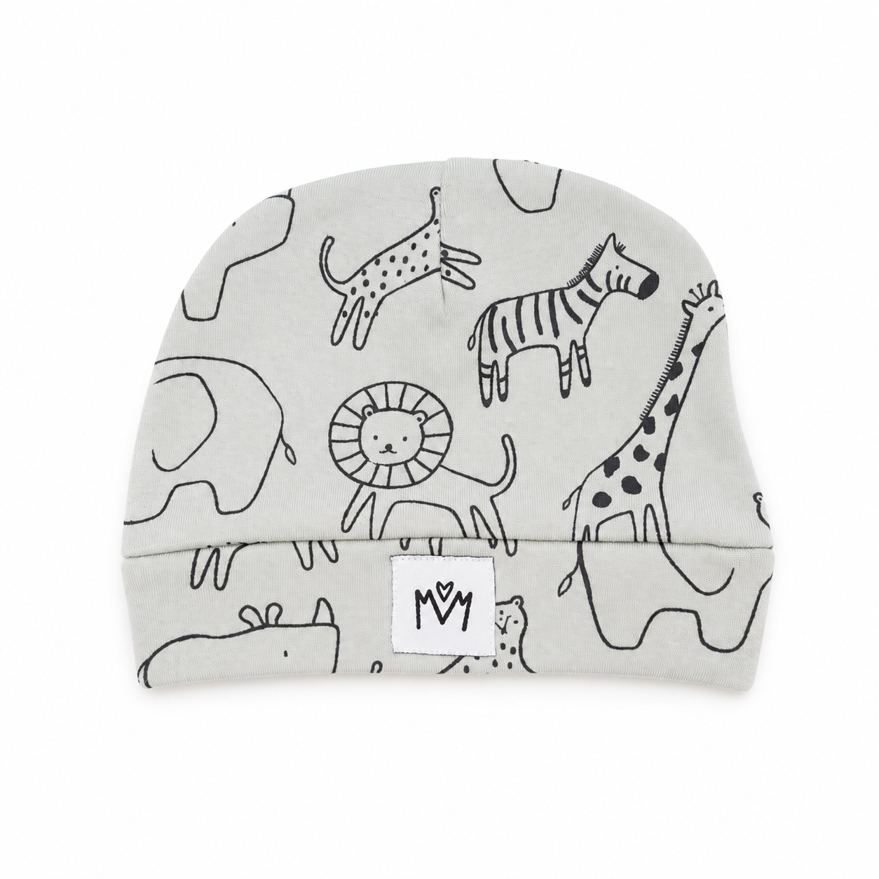 A light gray baby beanie hat featuring a black line art print of various animals, including a lion, giraffe, zebra, and spotted cat. A small white square label with the brand logo 'MY' is stitched onto the folded cuff.