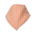 A peach-colored triangular bandana bib with thin white vertical pinstripes, featuring a small white brand tag on the side, set against a plain white background.