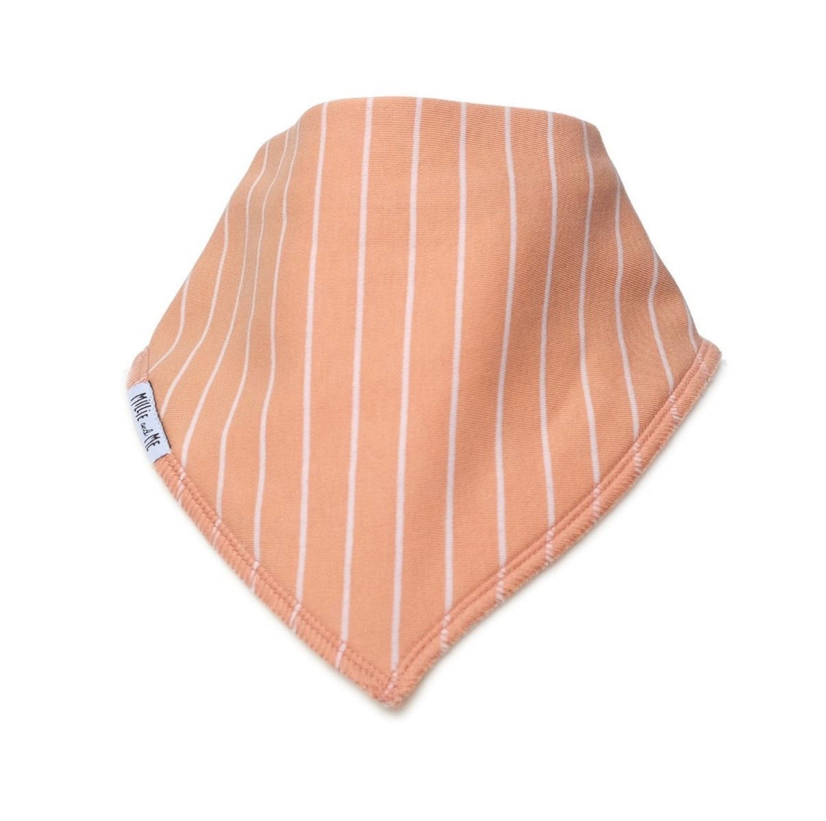 A peach-colored triangular bandana bib with thin white vertical pinstripes, featuring a small white brand tag on the side, set against a plain white background.