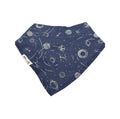 A navy blue bandana bib with a white space-themed print of planets, stars, and orbits, featuring a small white brand tag that reads 'Millie and Me'.