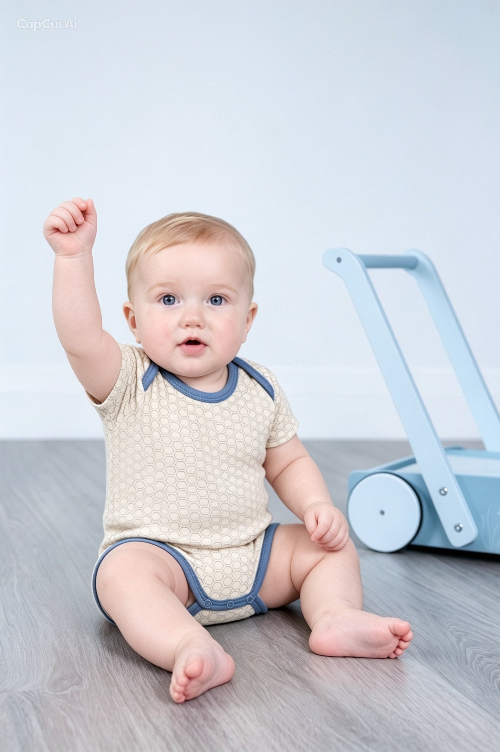 A baby sitting on a gray wood floor, wearing a beige short-sleeve bodysuit with blue trim and a subtle polka dot pattern.
