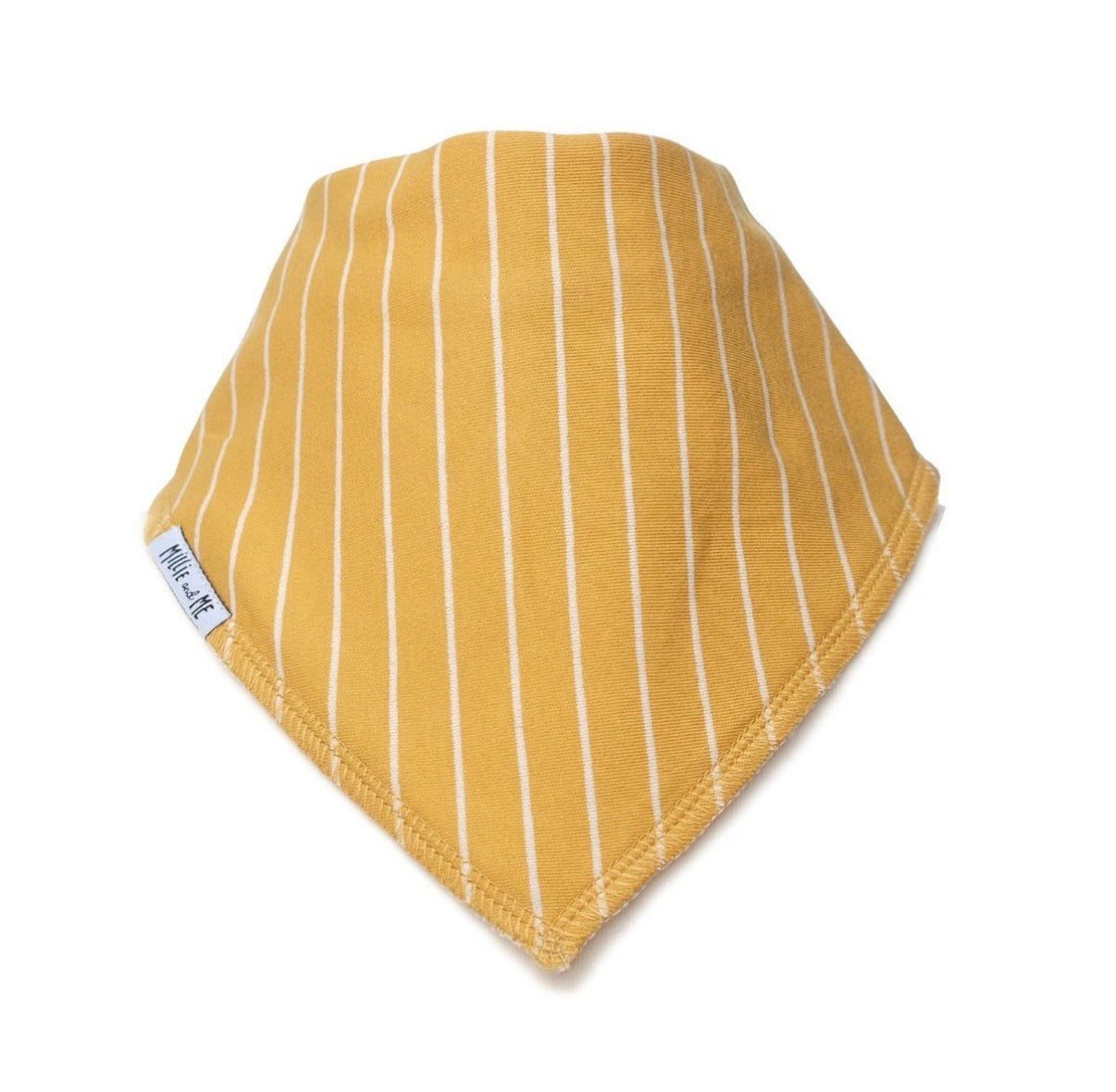 A triangular baby bandana bib in mustard yellow with thin white vertical pinstripes, featuring a small white brand tag on the side, set against a plain white background.