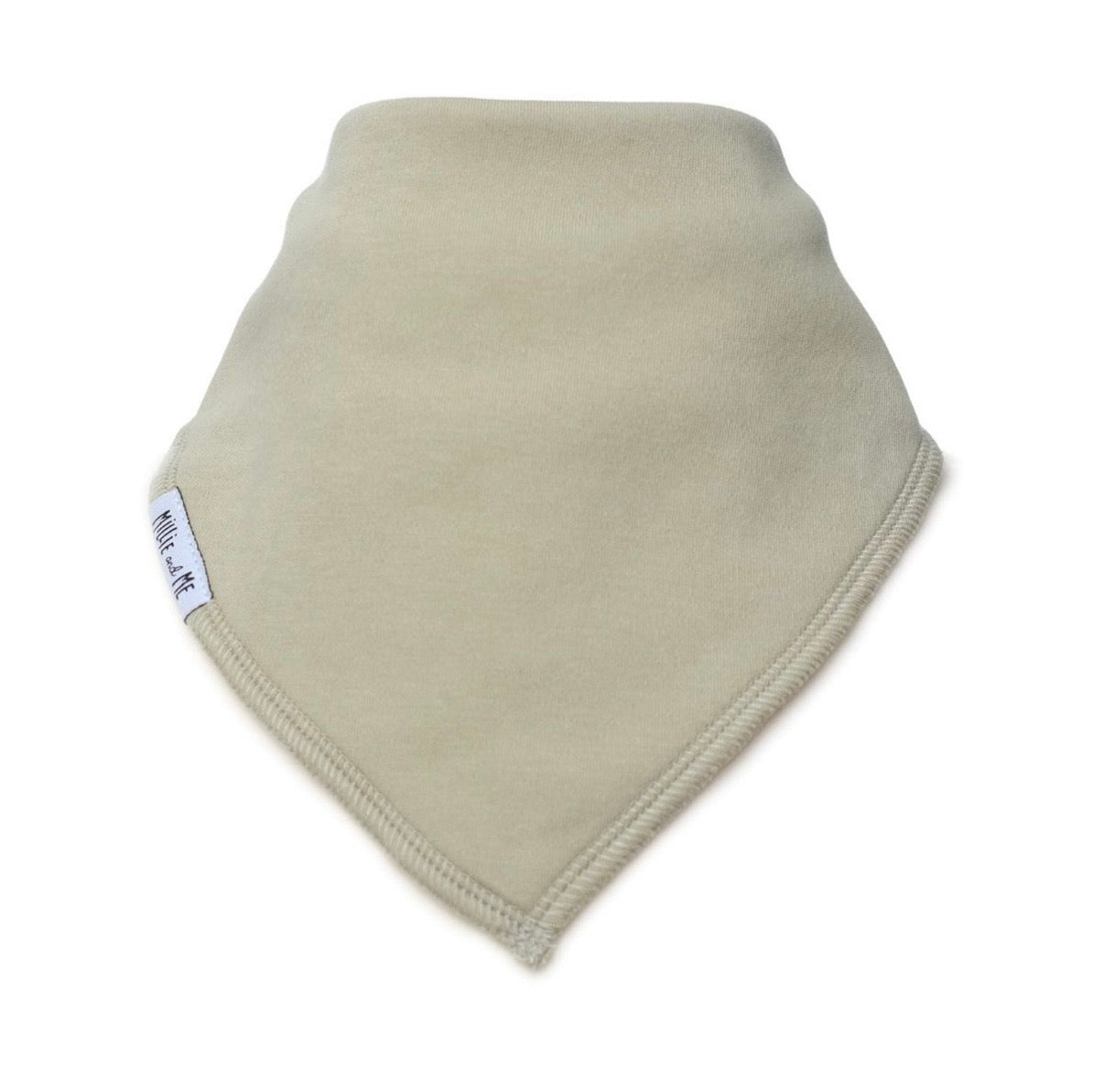 A light beige fleece baby bandana bib with a small white tag on the side, photographed on a clean white background.