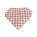 A triangular bandana bib with a dusty rose and cream gingham check pattern, featuring a white brand label on the side.