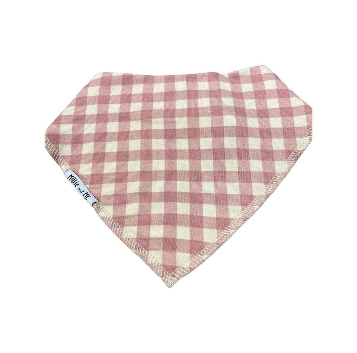 A triangular bandana bib with a dusty rose and cream gingham check pattern, featuring a white brand label on the side.