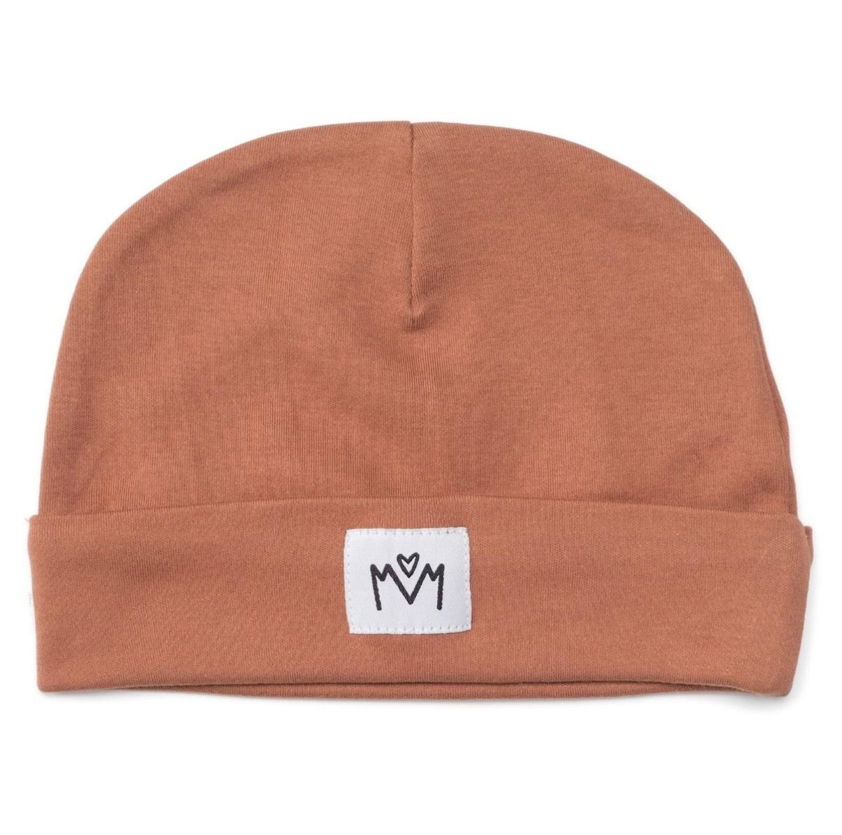 A russet beanie hat with a folded cuff and a small white square patch featuring a black embroidered logo, shown against a plain white background.