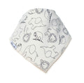 A triangular baby bib made of soft cotton fabric, featuring a white background with a black line art print of various cartoon animals including elephants, lions, and a sloth. A small blue tag on the left edge reads 'Millie and Me'.