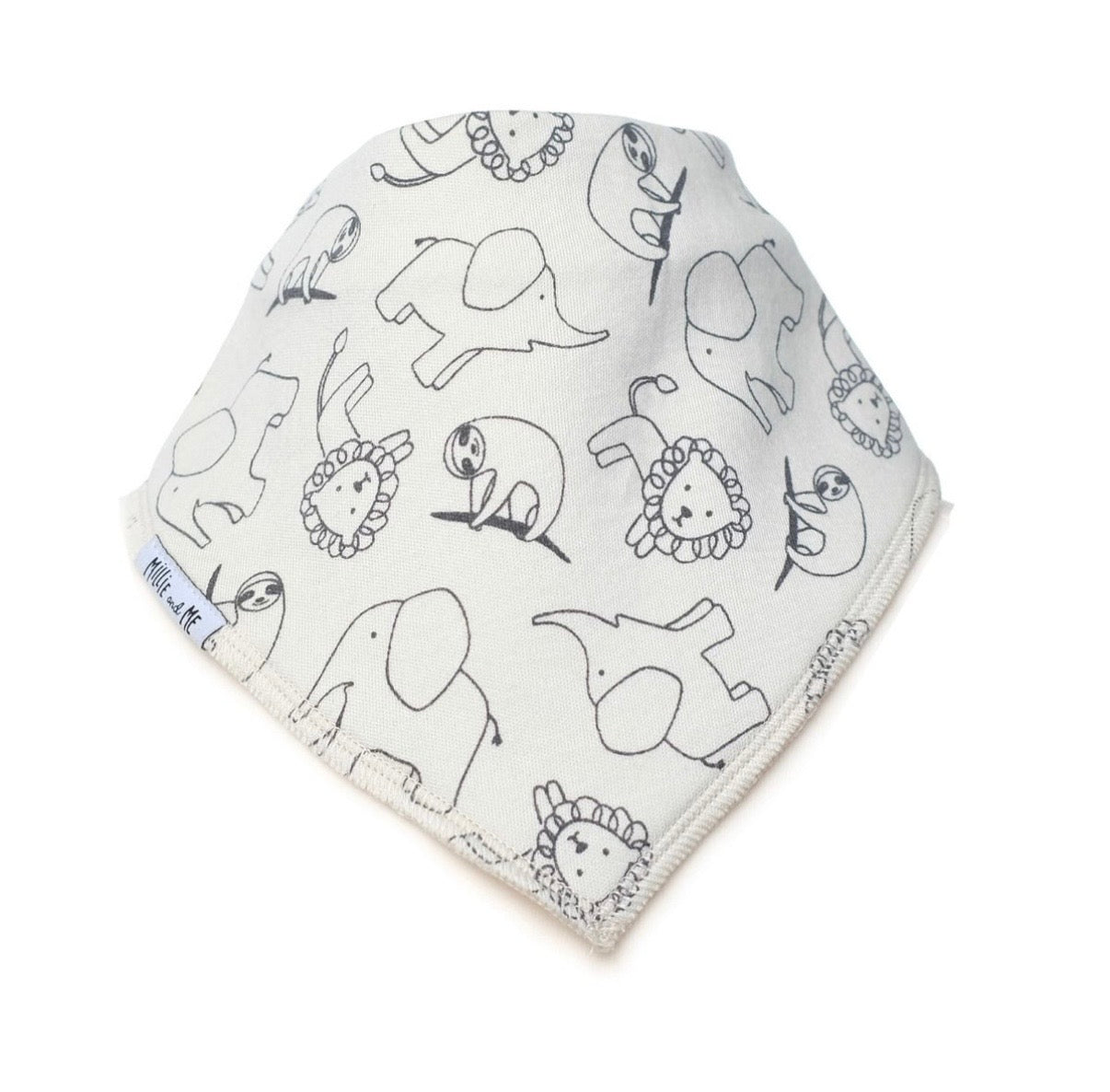 A triangular baby bib made of soft cotton fabric, featuring a white background with a black line art print of various cartoon animals including elephants, lions, and a sloth. A small blue tag on the left edge reads 'Millie and Me'.