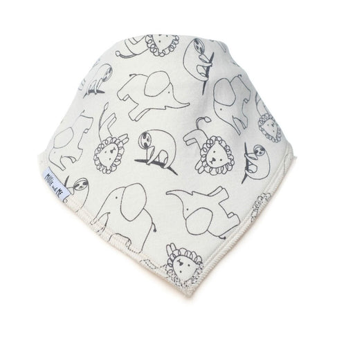 A triangular baby bib made of soft cotton fabric, featuring a white background with a black line art print of various cartoon animals including elephants, lions, and a sloth. A small blue tag on the left edge reads 'Millie and Me'.