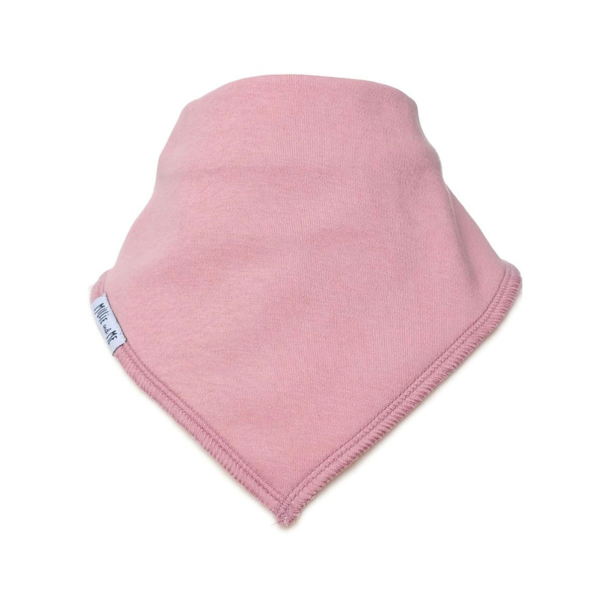 A dusty pink baby bandana bib with a white brand tag reading 'Millie and Me' on the left side, shown on a plain white background.
