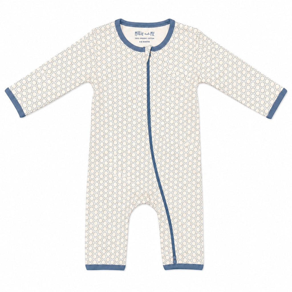 A long-sleeve baby footless one-piece romper with a white background and a light beige geometric pattern, featuring blue trim on the collar, cuffs, and zipper.
