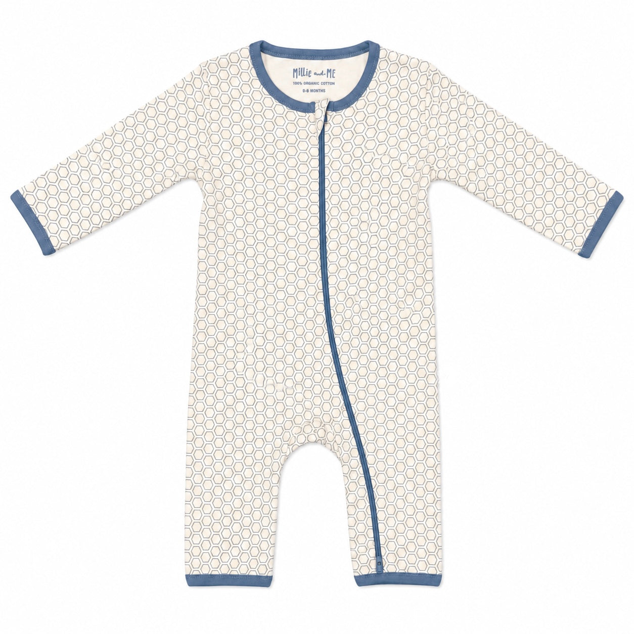 A long-sleeve baby footless one-piece romper with a white background and a light beige geometric pattern, featuring blue trim on the collar, cuffs, and zipper.