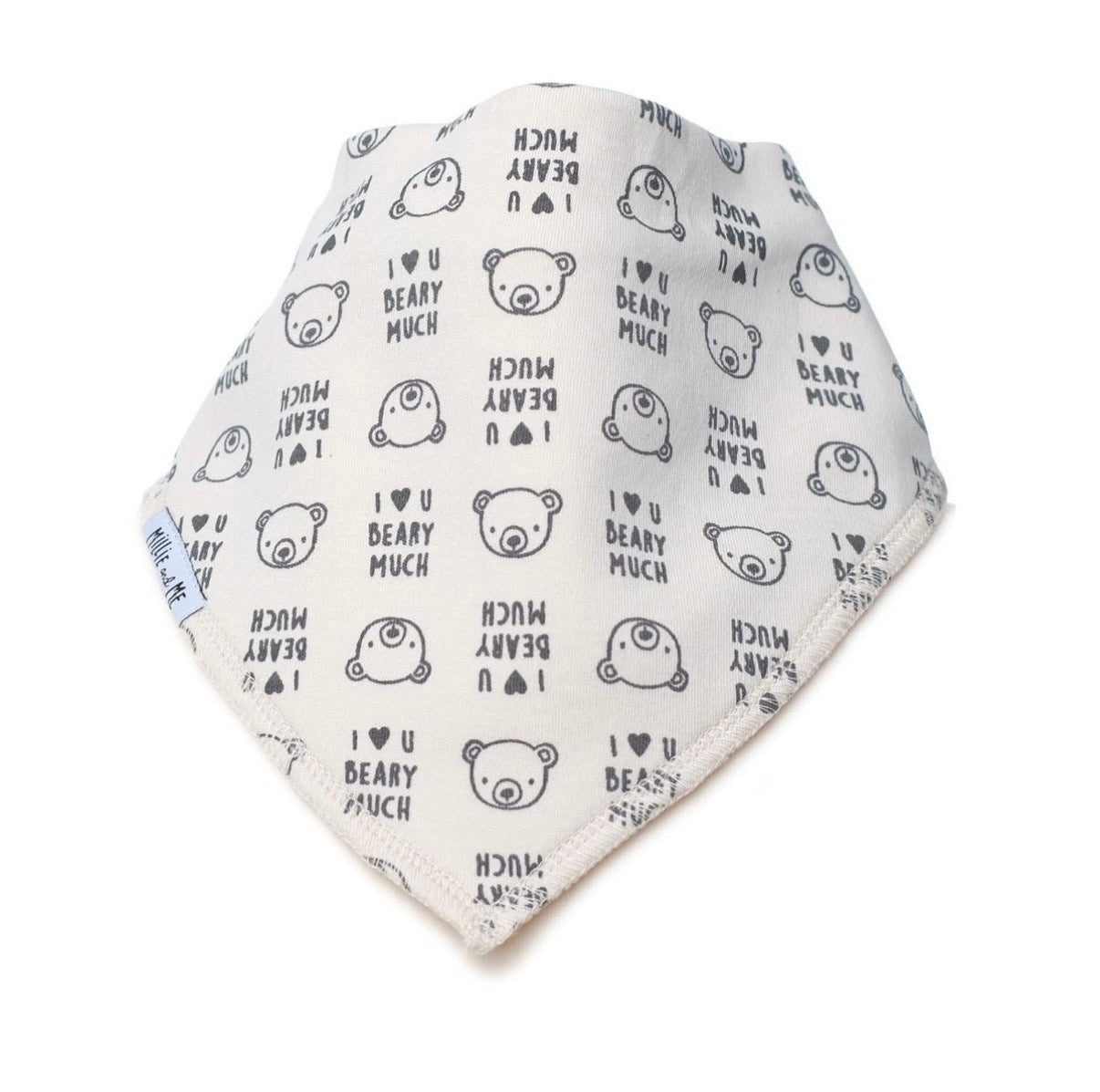 A white triangular bandana bib featuring a repeating pattern of teddy bear faces and the text 'I <3 U BEARY MUCH'.