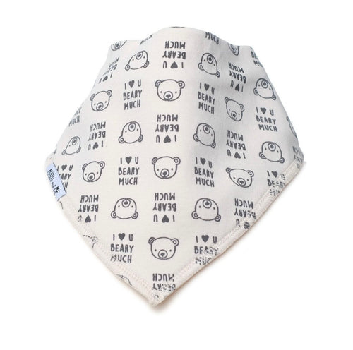 A white triangular bandana bib featuring a repeating pattern of teddy bear faces and the text 'I <3 U BEARY MUCH'.