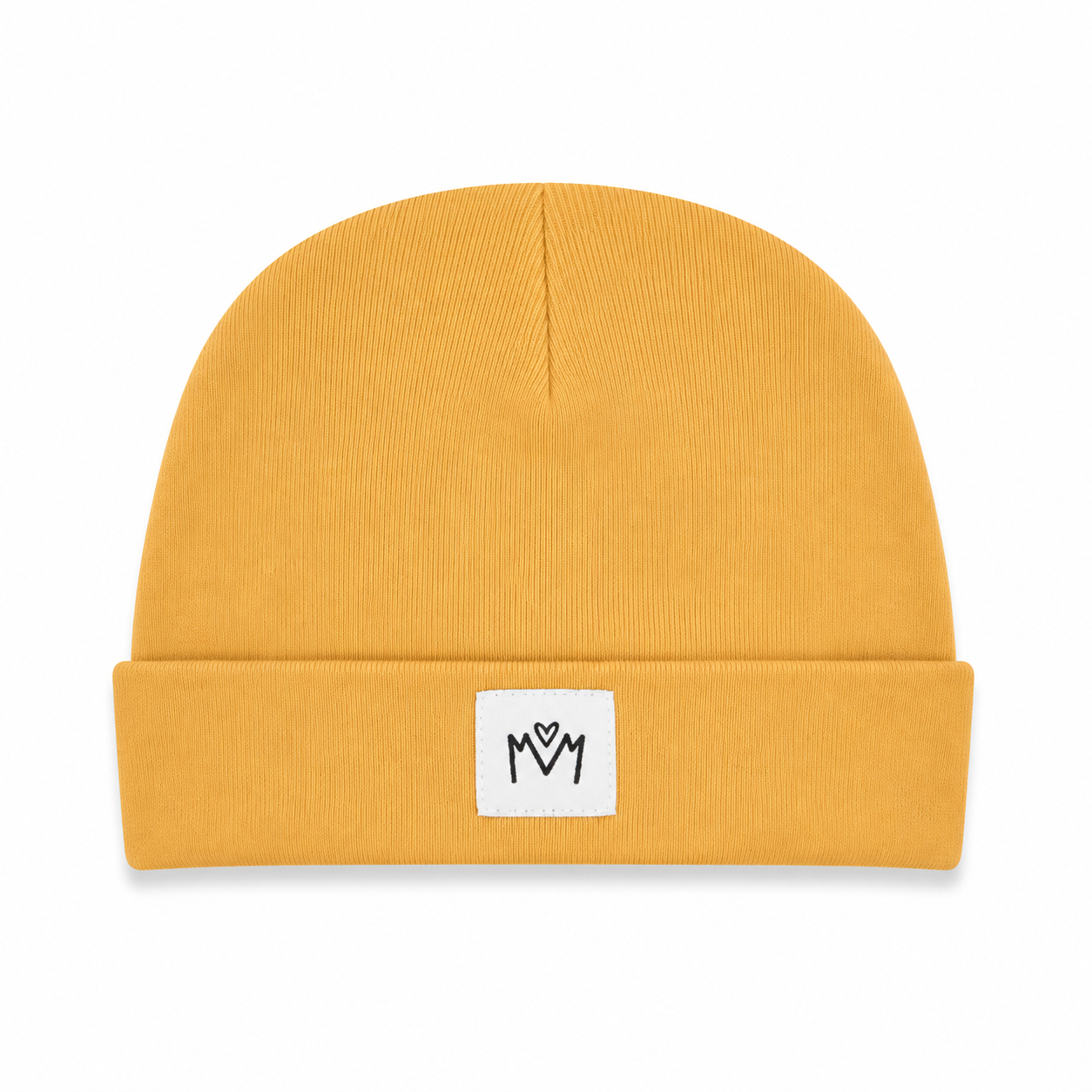 A mustard yellow ribbed knit beanie hat with a folded cuff, featuring a small white square patch on the front with a black stylized logo.