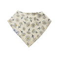 A triangular baby bandana bib with a daisy and leaf pattern on a cream background, featuring a visible 'Millie and Me' brand tag.