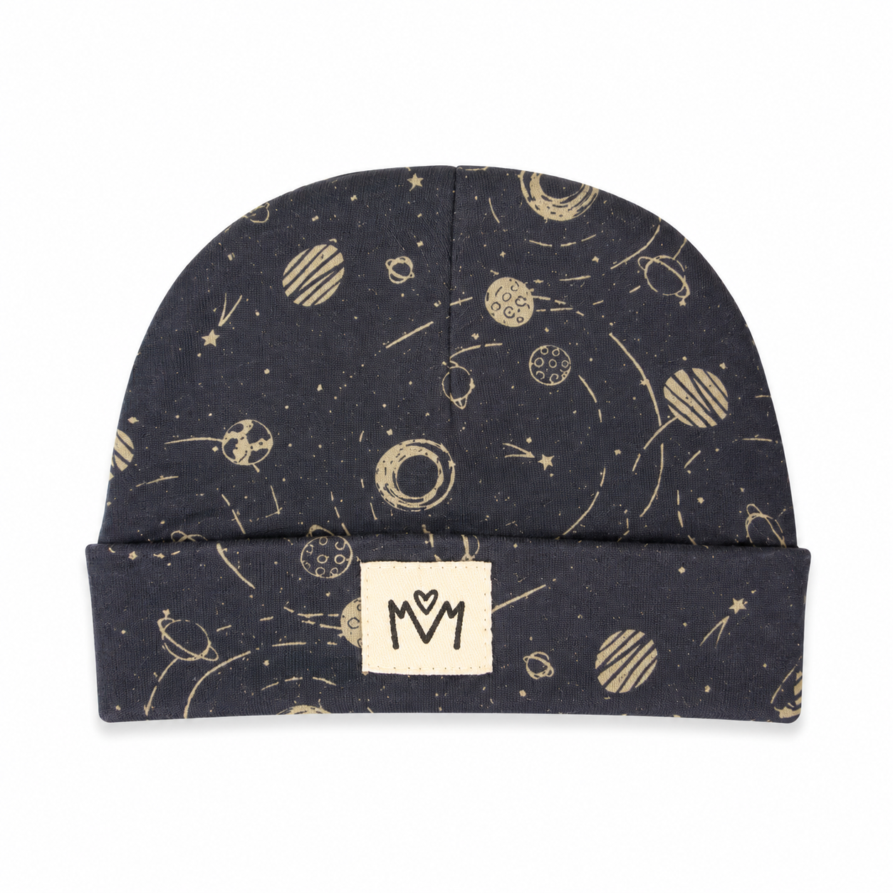 A dark navy beanie with a gold space-themed print of planets, stars, and orbits, featuring a cream-colored square patch on the front cuff with a stylized 'MM' logo.