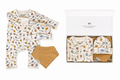 A baby gift set displayed on a white background, featuring a long-sleeve footless romper, a bib, and a beanie. The romper and beanie are cream-colored with a colorful forest pattern, while the bib has a mustard yellow and white vertical stripe pattern.
