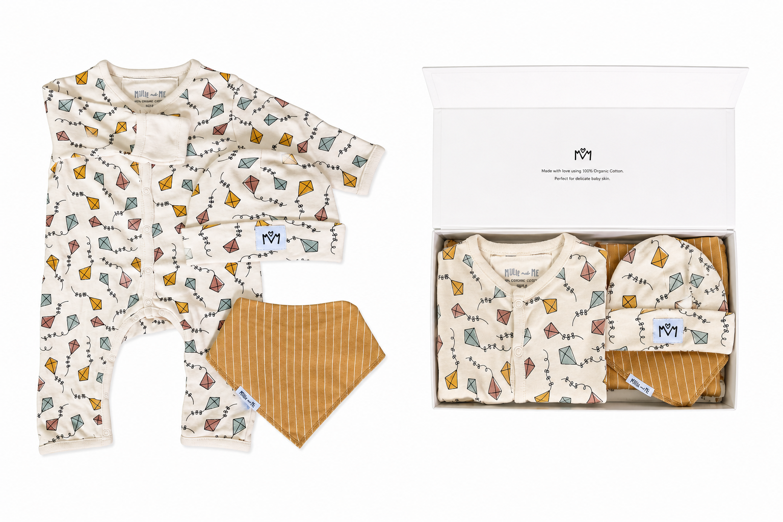 A baby gift set displayed on a white background, featuring a long-sleeve footless romper, a bib, and a beanie. The romper and beanie are cream-colored with a colorful forest pattern, while the bib has a mustard yellow and white vertical stripe pattern.