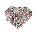 A triangular bandana bib with a dense floral pattern in pink, green, and dark brown on a cream background, featuring a white fabric tag with black text.