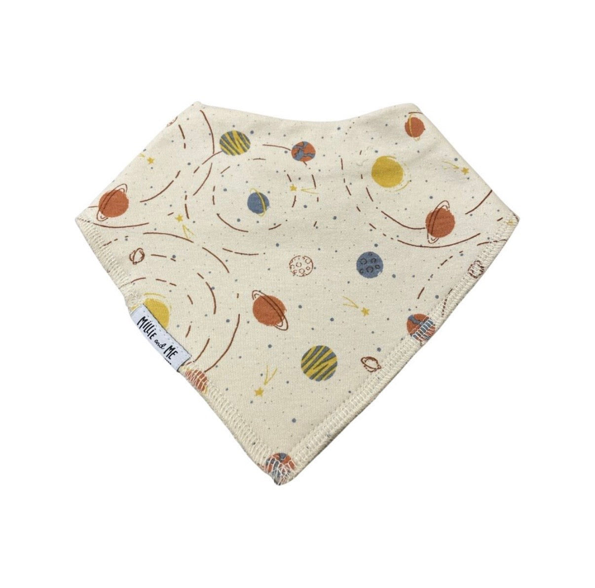 Bandana bib with colourful galaxy design.