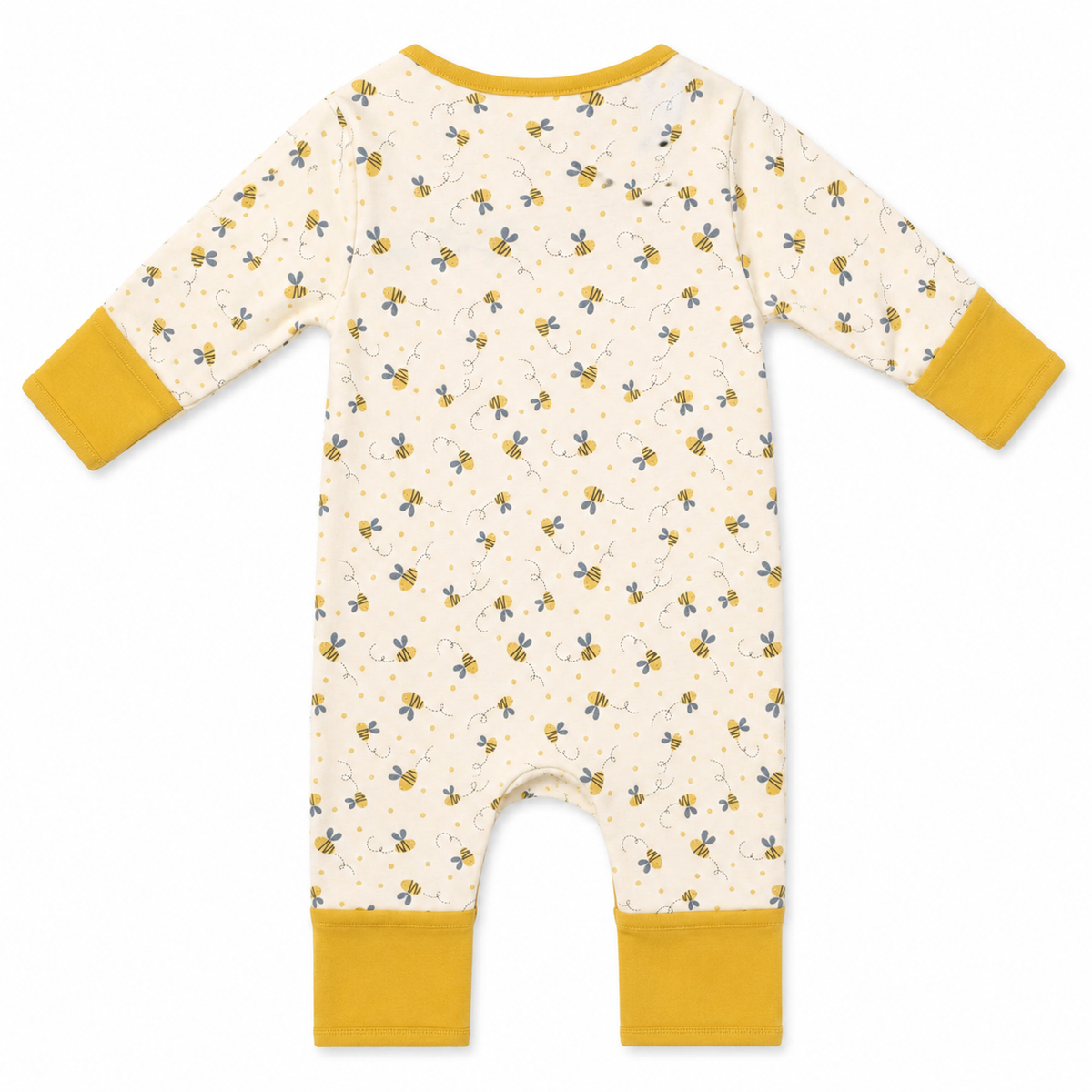 A baby long-sleeve footless romper in cream with a yellow and blue floral pattern, featuring solid yellow cuffs and leg bands, shown flat on a white background.