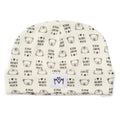 An off-white baby beanie featuring a repeating black pattern of teddy bear faces and the text 'I <3 U BEARY MUCH'. A small white fabric label with a black logo stitched onto the front fold.