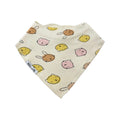 An off-white triangular baby bib with a cute cartoon animal pattern in yellow, pink, and brown, featuring a visible 'Millie and Me' brand tag.