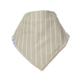 A triangular baby bandana bib in a beige fabric with thin white vertical pinstripes, featuring a small white brand tag on one side.