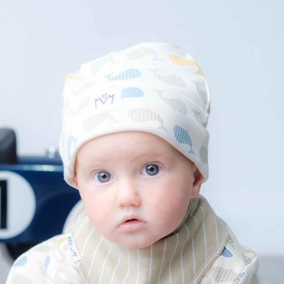 A baby wearing a cream-coloured whale-patterned beanie and a matching striped bib, looking directly at the camera with a blue toy race car blurred in the background.