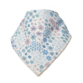 A triangular baby bib with a delicate floral pattern in shades of blue, lavender, and pink on a white background, featuring a small side tag.