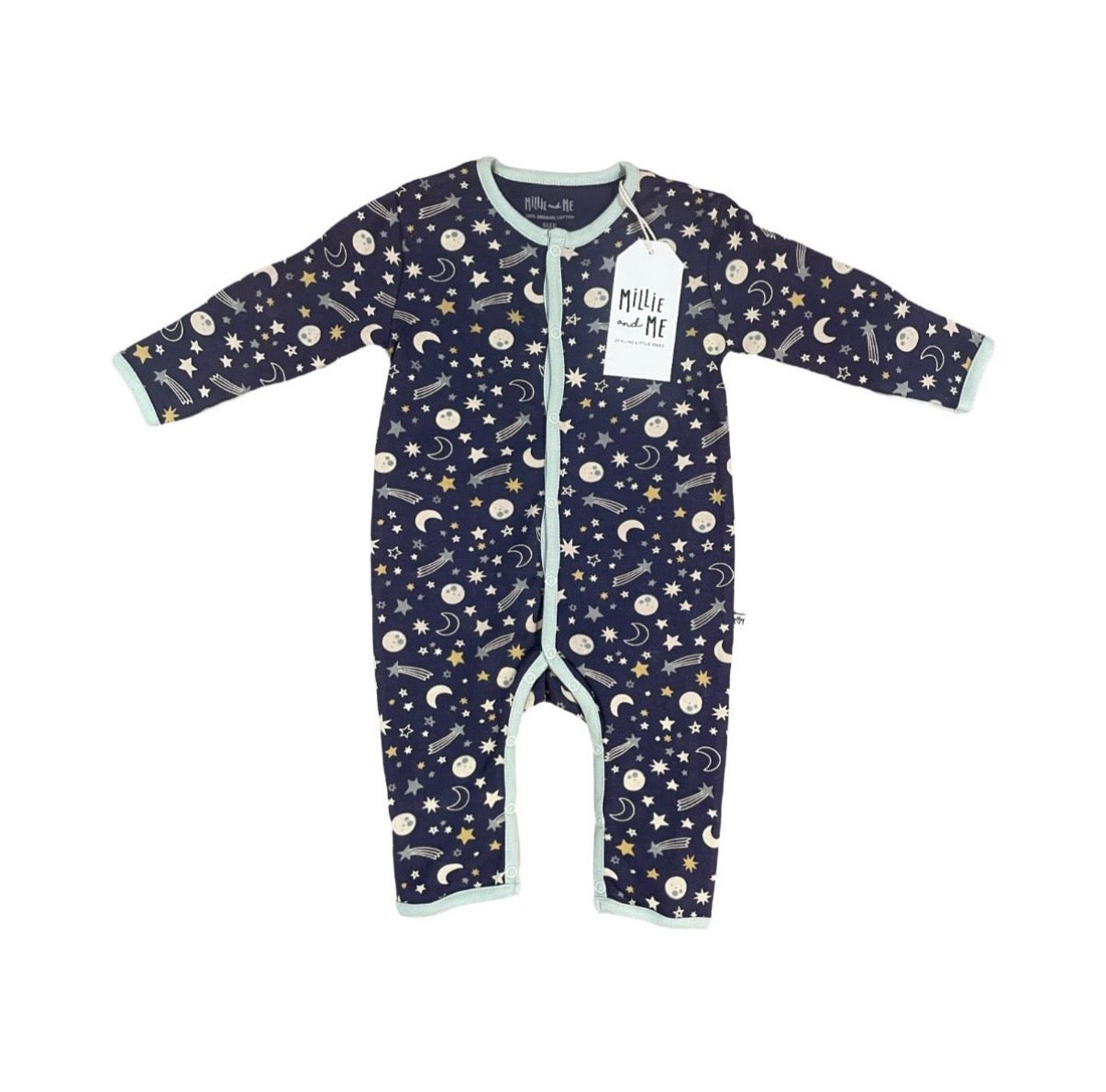 A baby long-sleeve footless sleeper in navy blue with a white and gold space-themed print of stars, moons, and rockets, featuring a white hangtag.