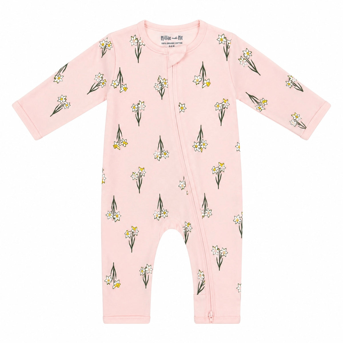 A light pink long-sleeve baby footless one-piece sleeper with an allover daffodil print, featuring a front zipper closure.