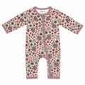 Millie and Me Ditsy Ash Rose Zip organic cotton baby romper, front view, featuring a delicate floral print in soft ash rose, pink, sage green and cream, with a full-length zip for easy dressing and nappy changes.