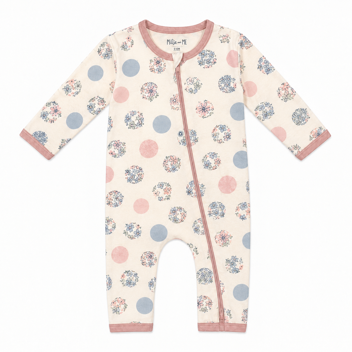 Millie and Me Ditsy Dots Zip organic cotton baby romper, front view, featuring a soft cream base with pastel pink and blue dots and delicate floral motifs, with a full-length pink zip for easy dressing and nappy changes.