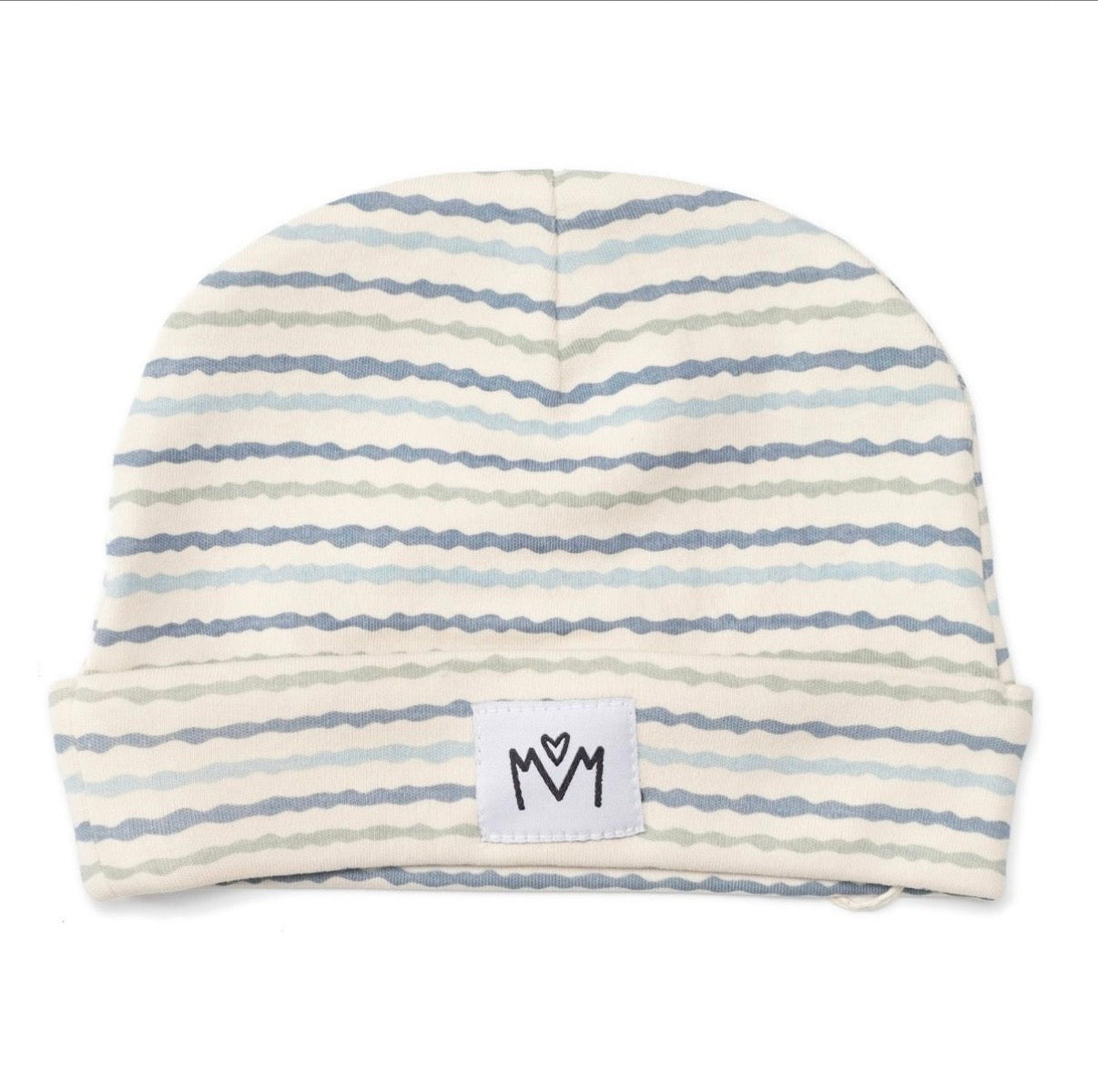 A baby beanie hat with horizontal wavy stripes in light blue, gray, and beige on an off-white background, featuring a white brand patch with a black hand-drawn logo on the front cuff.