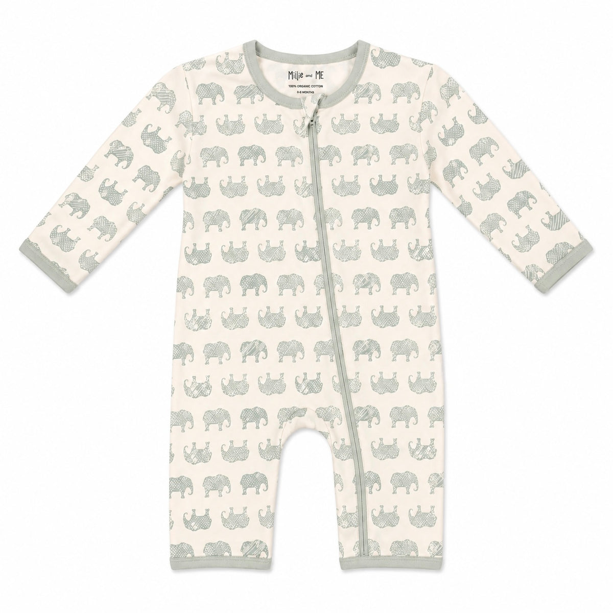 A long-sleeve baby romper in off-white with a repeating pattern of light green elephants, featuring a front zipper and sage green trim.