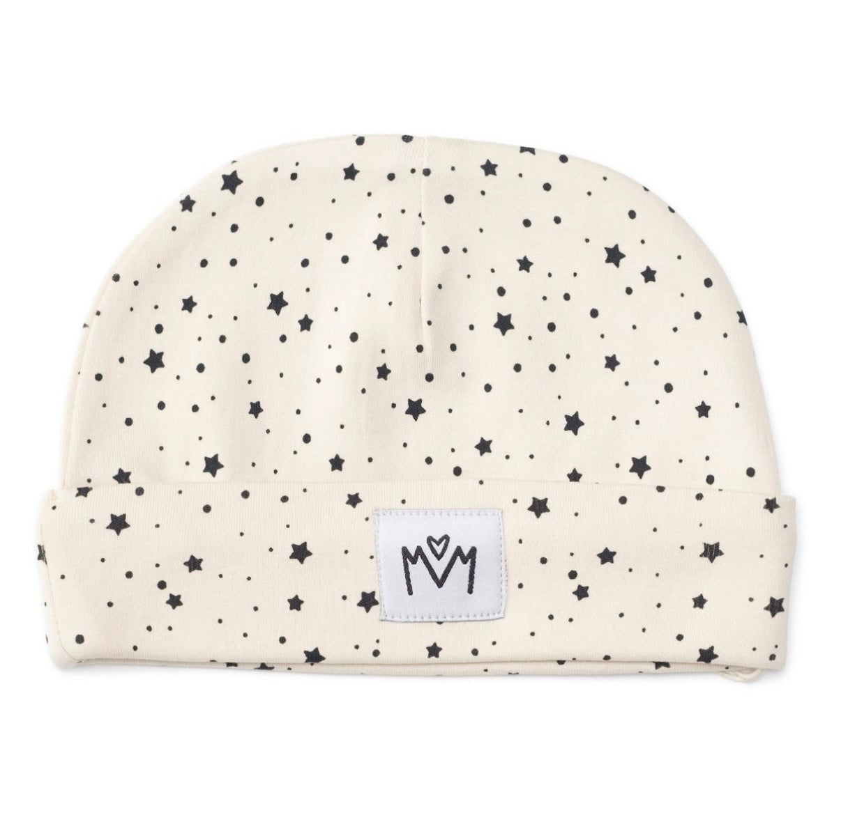 A star patterned beanie hat with a folded cuff, featuring a small white square patch on the front with a black embroidered logo.